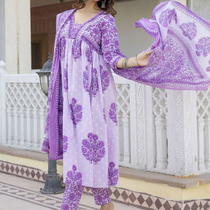 Divine Drape Women's Rayon Printed Anarkali Kurta Pant With Dupatta - Purple