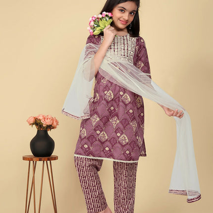 Divine Drape Girls Poly Cotton Purple Embroidered Straight Kids Kurta Pant With Dupatta
