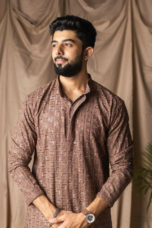 Brown Rayon Thread Embroidery Work Kurta Set - Mahotsav