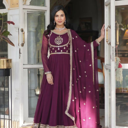Aastha Fashion Wine Faux Blooming Georgette Sequins Embroidered work Party Wear Designer Gown