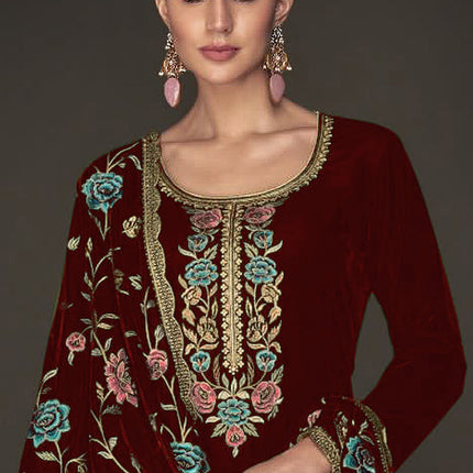 Lorenvalley Fashion Women Maroon Velvet Embroidered Salwar Suit Material