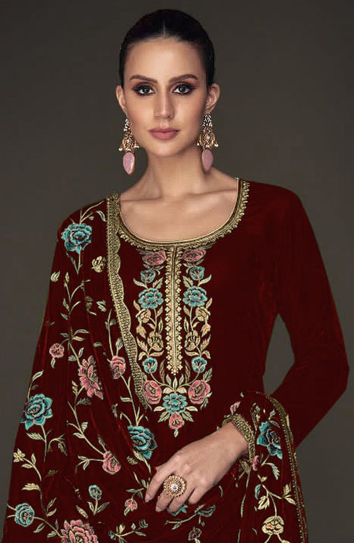 Lorenvalley Fashion Women Maroon Velvet Embroidered Salwar Suit Material