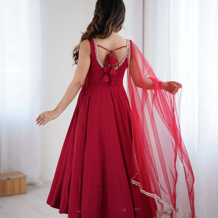 Lorenvalley Fashion Maroon Pure Romansilk Chanderi Fabric Yoke Fancy Lace Work Anarkali Kurta Pant With Dupatta Set