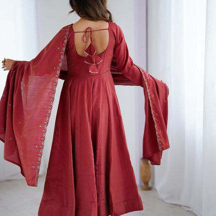 Lorenvalley Fashion Maroon Roman Shimmer Chanderi Silk Yoke Fancy Handwork Beads Work Anarkali Kurta Pant With Dupatta Set