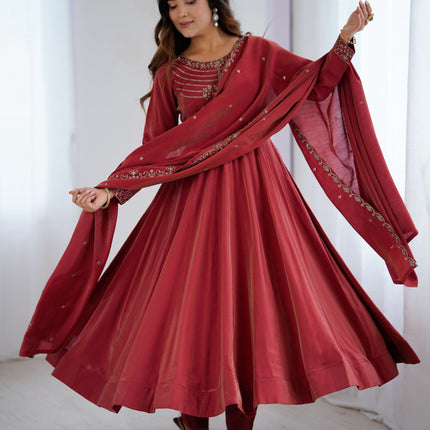 Lorenvalley Fashion Maroon Roman Shimmer Chanderi Silk Yoke Fancy Handwork Beads Work Anarkali Kurta Pant With Dupatta Set