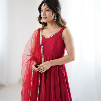 Lorenvalley Fashion Maroon Pure Romansilk Chanderi Fabric Yoke Fancy Lace Work Anarkali Kurta Pant With Dupatta Set