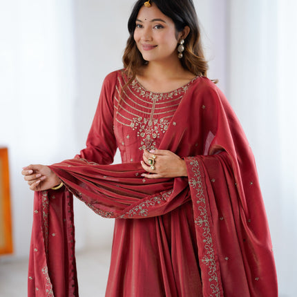 Lorenvalley Fashion Maroon Roman Shimmer Chanderi Silk Yoke Fancy Handwork Beads Work Anarkali Kurta Pant With Dupatta Set