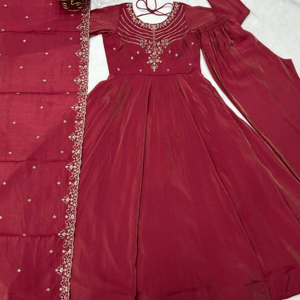 Lorenvalley Fashion Maroon Roman Shimmer Chanderi Silk Yoke Fancy Handwork Beads Work Anarkali Kurta Pant With Dupatta Set