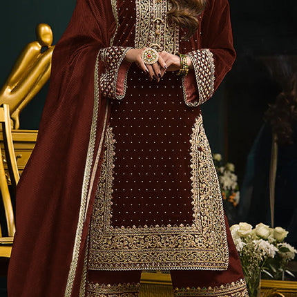 Lorenvalley Fashion Women Maroon Velvet Embroidered Salwar Suit Material
