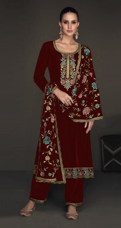 Lorenvalley Fashion Women Maroon Velvet Embroidered Salwar Suit Material