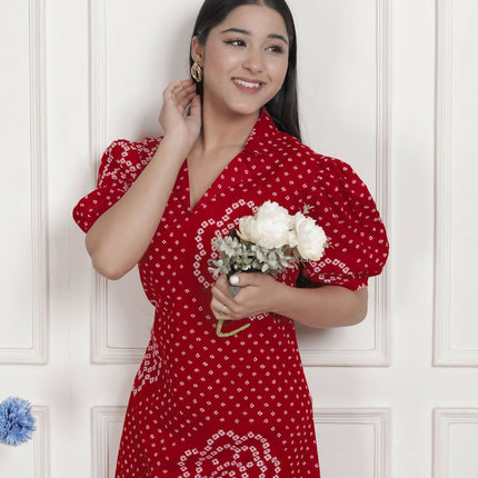 Miravan Womens Red Bandhani Printed Collar Neck Maxi Dress