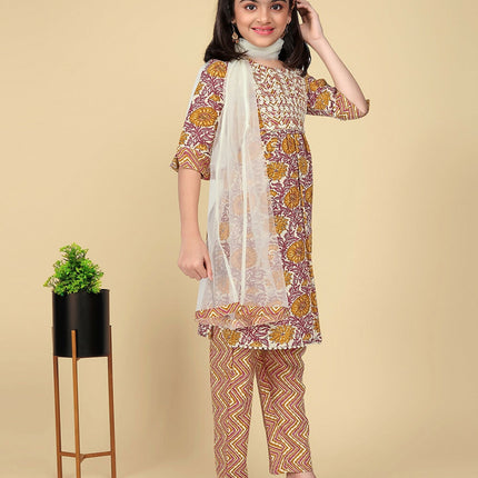 Divine Drape Girls Poly Cotton Yellow Embroidered Straight Kids Kurta Pant With Dupatta