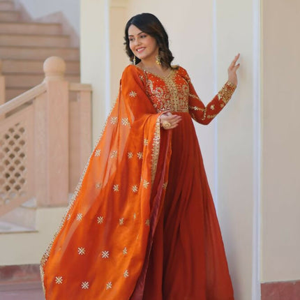 Aastha Fashion Orange Fendy Fabric Zari & Sequins Embroidered work Party Wear Designer Gown