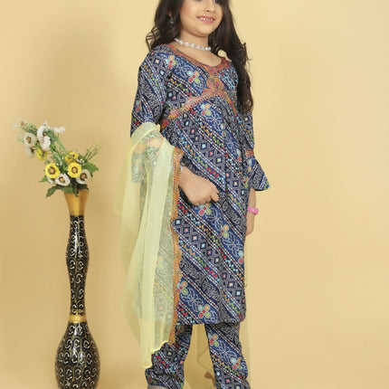 Divine Drape Girls Roman Slub Blue Printed Straight Kids Kurta Pant With Dupatta