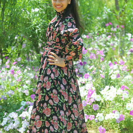 LH Luxury Fashion Runway Rose Long Shirred Dress – Elegant Black Flared Dress for Girls