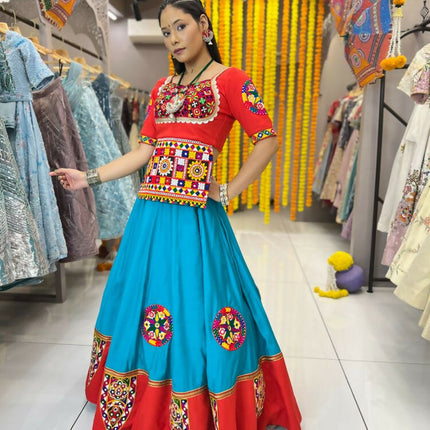 Aastha Fashion Rama Roman Silk Real Mirror Gamthi Work Patch + Readymade Lace Semi Stitched Wedding Wear Lehenga Choli