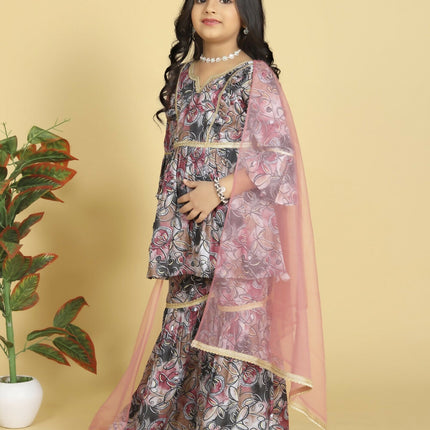 Divine Drape Girls Muslin Purple Printed Straight Kids Kurta Sharara With Dupatta