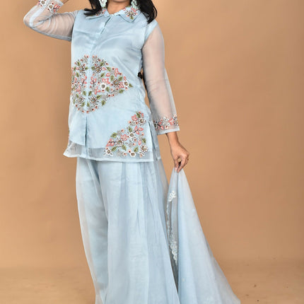 Morchari Women And Hand Embroidery Palazzo Set-Sky Blue