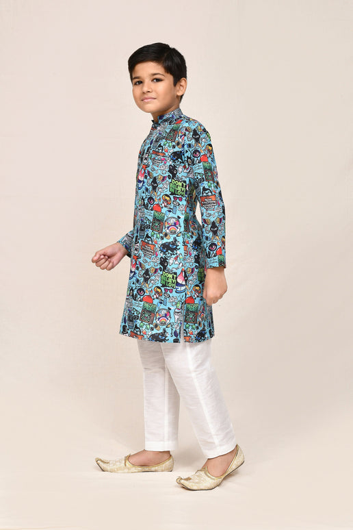 Joban Fashion Cotton Linen Blue Kurta With Straight Fit Pant