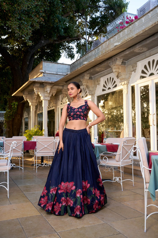 Lorenvalley Navy Blue Tussar Silk Floral Print With Foil Work Lehenga Choli with Dupatta