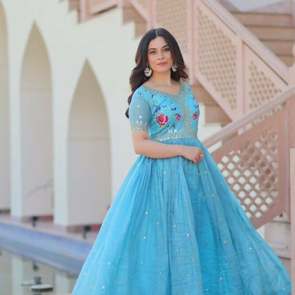 Aastha Fashion Sky Gold Crush Multi Thread Embroidery Zari Sequins-Work Party Wear Designer Gown