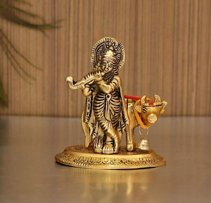 Collectible India Lord Cow Krishna Idol with Kamdhenu