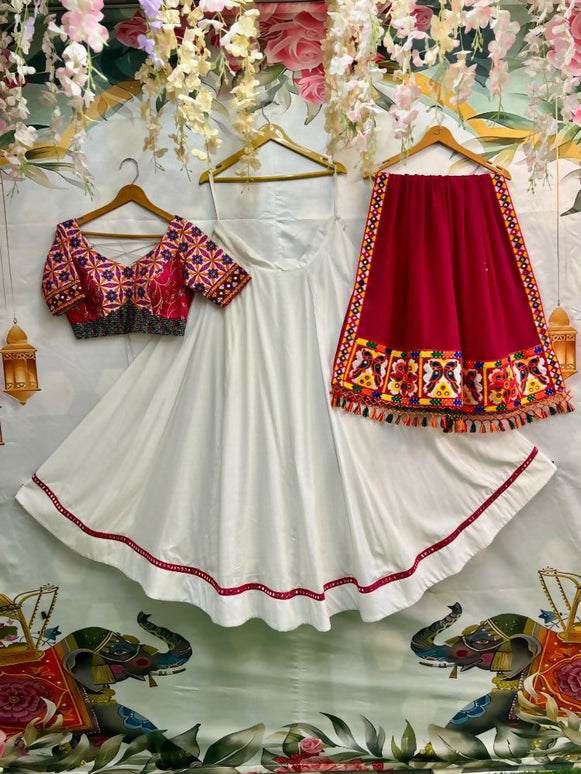 Aastha Fashion White Reyon Readymade Mirror Lace Semi Stitched Wedding Wear Lehenga Choli