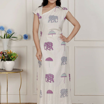 Miravan Womens Off-White Animal Printed Asymmetric Neck A-Line Maxi Dress