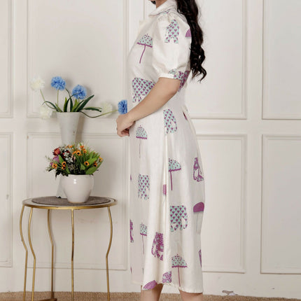 Miravan Womens Flex Cotton Short Sleeve Off White Animal Print A-Line Maxi Dress