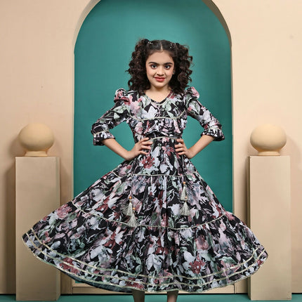 Divine Drape Girls Muslin Black Printed Kids Anarkali Gown