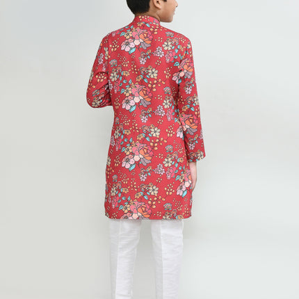 Joban Fashion Cotton Silk Red Kurta With Straight Fit Pant