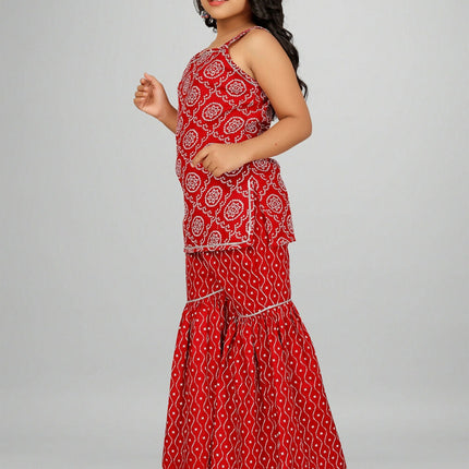 Divine Drape Girls Rayon Red Printed Straight Kids Kurta Sharara With Dupatta