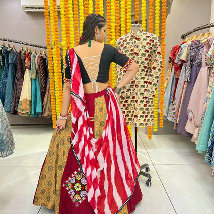 Aastha Fashion Maroon Maslin / Rayon Heavy Print + Gamthi Work Lace + Patch Semi Stitched Wedding Wear Lehenga Choli