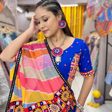 Aastha Fashion Blue Rayon Multi Colour Samosa Lace Semi Stitched Wedding Wear Lehenga Choli