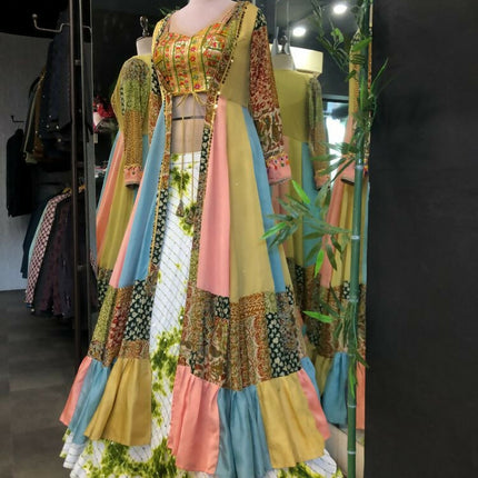 Aastha Fashion White Heavy Rayon Cotton Heavy Embroidery + Sequence Work Semi Stitched Wedding Wear Lehenga Choli