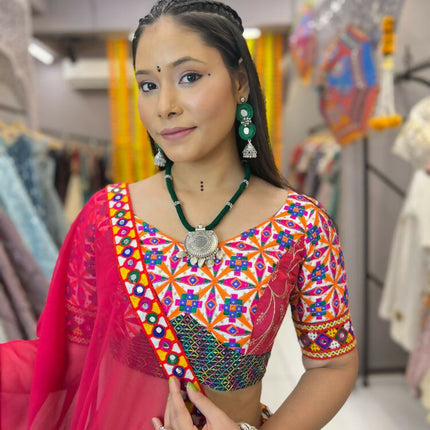 Aastha Fashion Green Reyon Readymade Mirror Lace Semi Stitched Wedding Wear Lehenga Choli