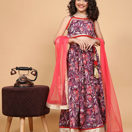 Divine Drape Girls Chinon Purple Printed Kids Lehenga Choli With Dupatta
