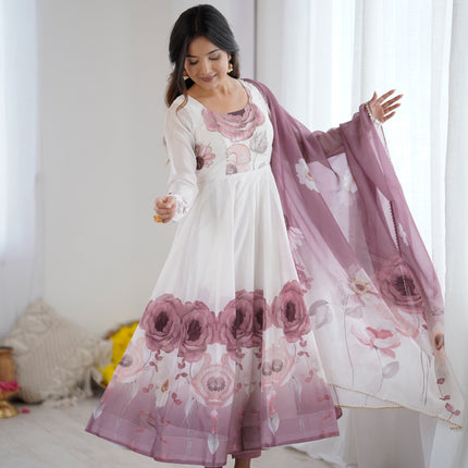 Lorenvalley Fashion Soft Organza Silk Front On Fancy Badla Jari Work Flower Position Print Outing Work Anarkali Kurta Pant With Dupatta Set