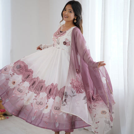 Lorenvalley Fashion Soft Organza Silk Front On Fancy Badla Jari Work Flower Position Print Outing Work Anarkali Kurta Pant With Dupatta Set