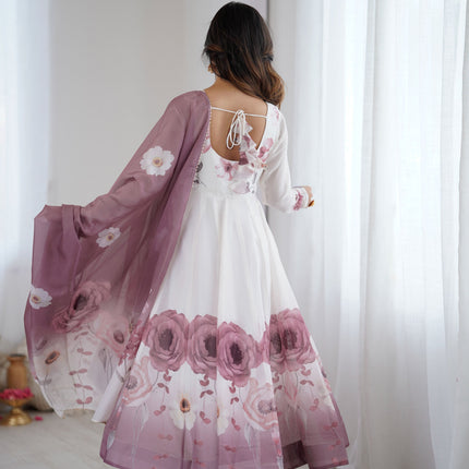 Lorenvalley Fashion Soft Organza Silk Front On Fancy Badla Jari Work Flower Position Print Outing Work Anarkali Kurta Pant With Dupatta Set