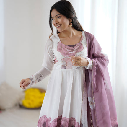 Lorenvalley Fashion Soft Organza Silk Front On Fancy Badla Jari Work Flower Position Print Outing Work Anarkali Kurta Pant With Dupatta Set