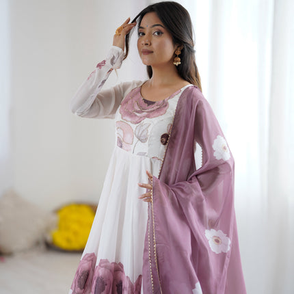 Lorenvalley Fashion Soft Organza Silk Front On Fancy Badla Jari Work Flower Position Print Outing Work Anarkali Kurta Pant With Dupatta Set