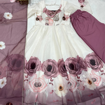 Lorenvalley Fashion Soft Organza Silk Front On Fancy Badla Jari Work Flower Position Print Outing Work Anarkali Kurta Pant With Dupatta Set