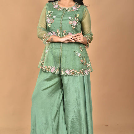 Morchari Women And Hand Embroidery Palazzo Set-Green