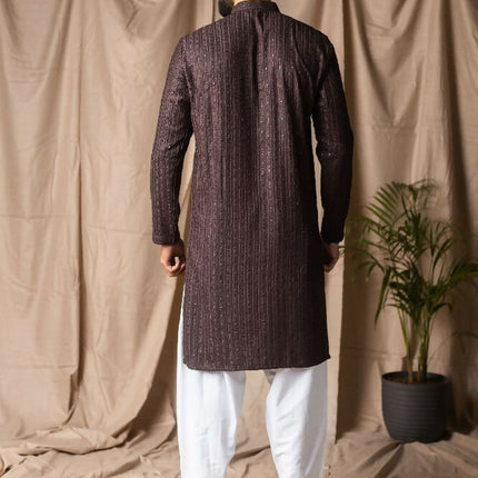 Dark Brown Rayon Thread Embroidery Work Kurta Set - Mahotsav