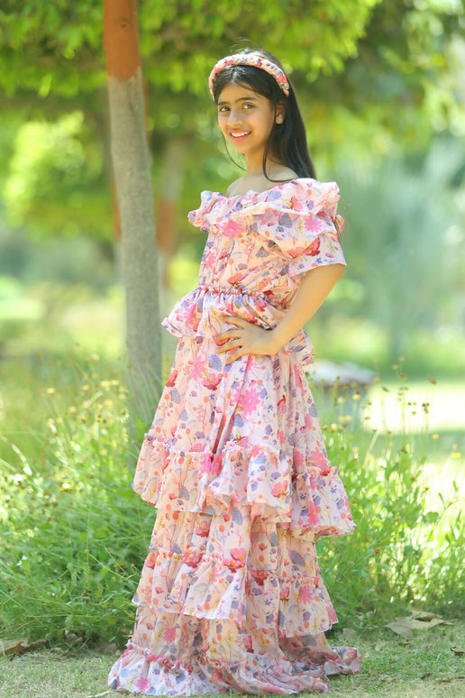 LH Luxury Fashion Glam Tiered Dress – Elegant Floral Long Dress for Girls