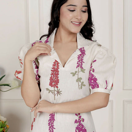 Miravan Womens Off White Flower Printed Cotton Flex Maxi Dress