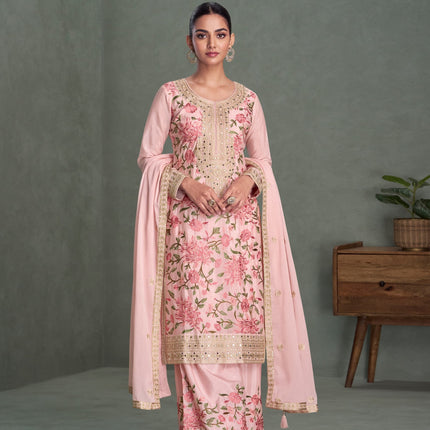Aarshi Fashions Light Pink Chinon Heavy Embroidery Wedding Palazzo Suit