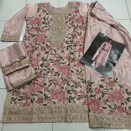 Aarshi Fashions Light Pink Chinon Heavy Embroidery Wedding Palazzo Suit