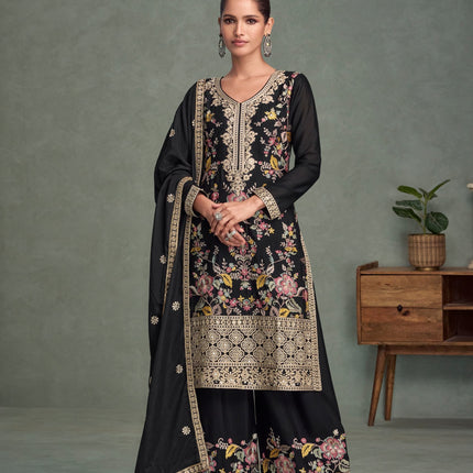 Aarshi Fashions Black Chinon Heavy Embroidery Wedding Palazzo Suit